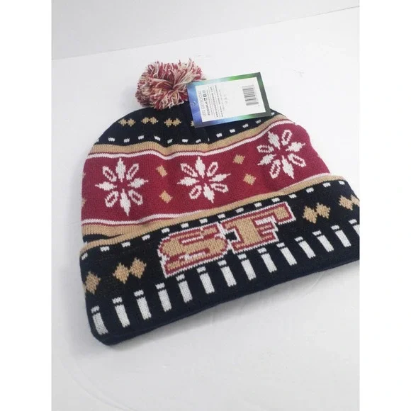 NFL SF 49ers Knit Hat Beanie San Francisco Niners black and Red brand new pom po - Picture 2 of 6